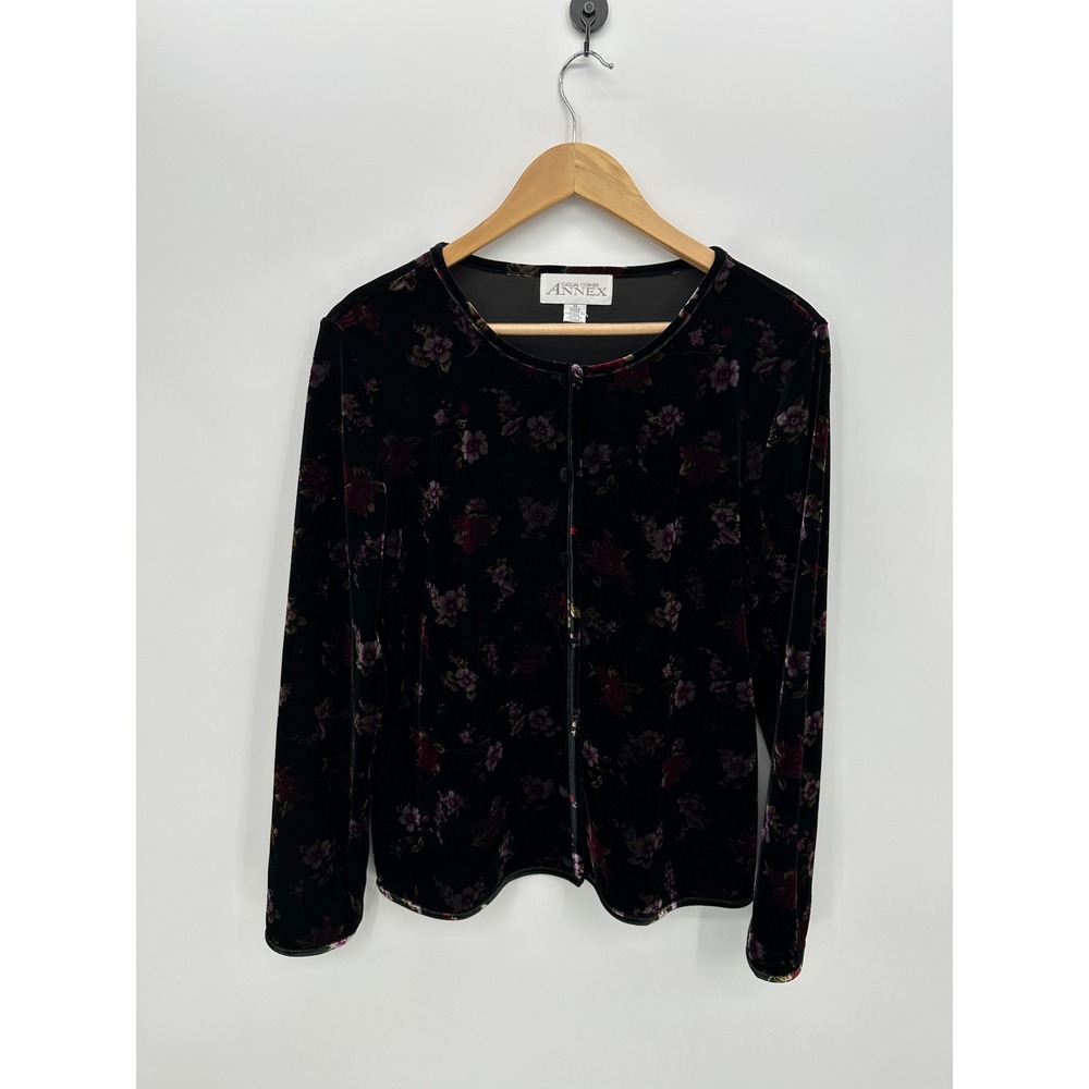 Womens Black Floral Velvet Button Front Shirt Y2K Romantic Fairy Grunge M